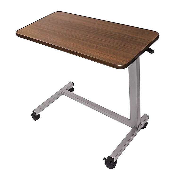 Adjustable Wooden Hospital Bed Tray Table Overbed Table with Swivel Wheels