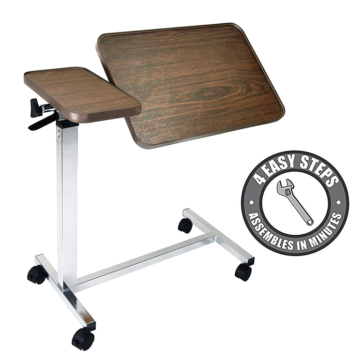 Medical Adjustable Tilt Top Overbed Table Rolling Bed Table with Wheels