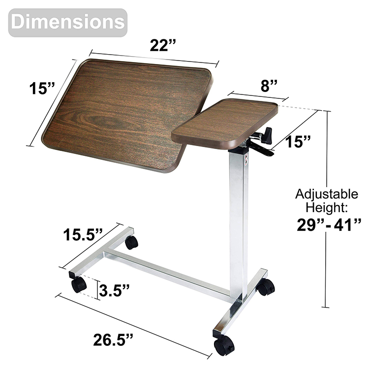Medical Adjustable Tilt Top Overbed Table Rolling Bed Table with Wheels