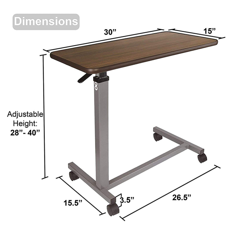 Adjustable Wooden Hospital Bed Tray Table Overbed Table with Swivel Wheels